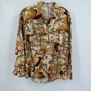 Men Vintage Wildlife Fishing Map Novelty Print Shirt Size L Outdoors Hunting 90s